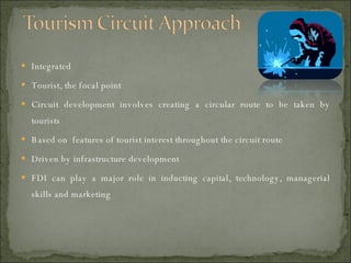 Integrated Tourist, the focal point Circuit development involves creating a circular route to be taken by tourists Based on  features of tourist interest throughout the circuit route Driven by infrastructure development FDI can play a major role in inducting capital, technology, managerial skills and marketing 