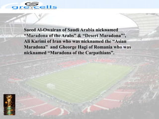 Saeed Al-Owairan of Saudi Arabia nicknamed “Maradona of the Arabs” & “Desert Maradona”’, Ali Karimi of Iran who was nicknamed the “Asian Maradona”  and GheorgeHagi of Romania who was nicknamed “Maradona of the Carpathians”.