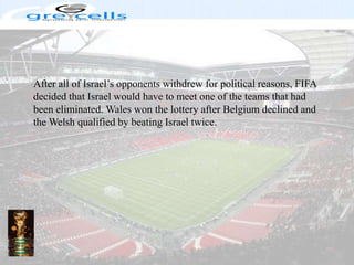 After all of Israel’s opponents withdrew for political reasons, FIFA decided that Israel would have to meet one of the teams that had been eliminated. Wales won the lottery after Belgium declined and the Welsh qualified by beating Israel twice.