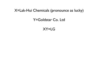 X=Lak-Hui Chemicals (pronounce as lucky) Y=Goldstar Co. Ltd XY=LG 