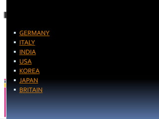  GERMANY
 ITALY
 INDIA
 USA
 KOREA
 JAPAN
 BRITAIN
 