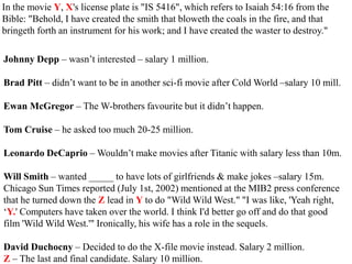 In the movie Y, X's license plate is "IS 5416", which refers to Isaiah 54:16 from the
Bible: "Behold, I have created the smith that bloweth the coals in the fire, and that
bringeth forth an instrument for his work; and I have created the waster to destroy."
Johnny Depp – wasn’t interested – salary 1 million.
Brad Pitt – didn’t want to be in another sci-fi movie after Cold World –salary 10 mill.
Ewan McGregor – The W-brothers favourite but it didn’t happen.

Tom Cruise – he asked too much 20-25 million.
Leonardo DeCaprio – Wouldn’t make movies after Titanic with salary less than 10m.
Will Smith – wanted _____ to have lots of girlfriends & make jokes –salary 15m.
Chicago Sun Times reported (July 1st, 2002) mentioned at the MIB2 press conference
that he turned down the Z lead in Y to do "Wild Wild West." "I was like, 'Yeah right,
‘Y.' Computers have taken over the world. I think I'd better go off and do that good
film 'Wild Wild West.'" Ironically, his wife has a role in the sequels.

David Duchocny – Decided to do the X-file movie instead. Salary 2 million.
Z – The last and final candidate. Salary 10 million.

 