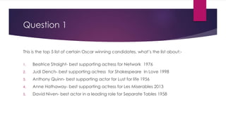 Question 1
This is the top 5 list of certain Oscar winning candidates, what’s the list about:-
1. Beatrice Straight- best supporting actress for Network 1976
2. Judi Dench- best supporting actress for Shakespeare In Love 1998
3. Anthony Quinn- best supporting actor for Lust for life 1956
4. Anne Hathaway- best supporting actress for Les Miserables 2013
5. David Niven- best actor in a leading role for Separate Tables 1958
 