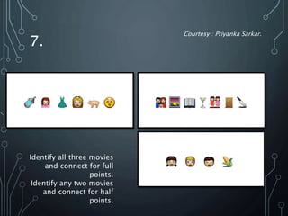 7.
Identify all three movies
and connect for full
points.
Identify any two movies
and connect for half
points.
Courtesy : Priyanka Sarkar.
 