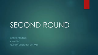 SECOND ROUND
INFINITE POUNCE
+10 / -10
+5/0 ON DIRECT OR ON PASS
 