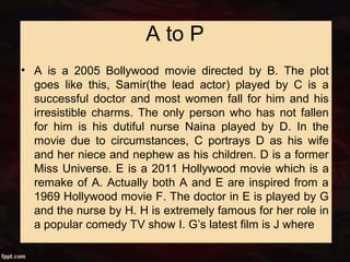 A to P
• A is a 2005 Bollywood movie directed by B. The plot
goes like this, Samir(the lead actor) played by C is a
successful doctor and most women fall for him and his
irresistible charms. The only person who has not fallen
for him is his dutiful nurse Naina played by D. In the
movie due to circumstances, C portrays D as his wife
and her niece and nephew as his children. D is a former
Miss Universe. E is a 2011 Hollywood movie which is a
remake of A. Actually both A and E are inspired from a
1969 Hollywood movie F. The doctor in E is played by G
and the nurse by H. H is extremely famous for her role in
a popular comedy TV show I. G’s latest film is J where
 