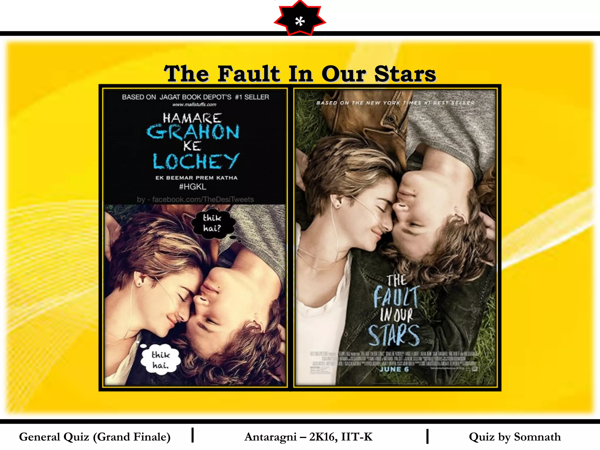 Quiz by SomnathI I
The Fault In Our StarsThe Fault In Our Stars
General Quiz (Grand Finale) Antaragni – 2K16, IIT-K
**
 