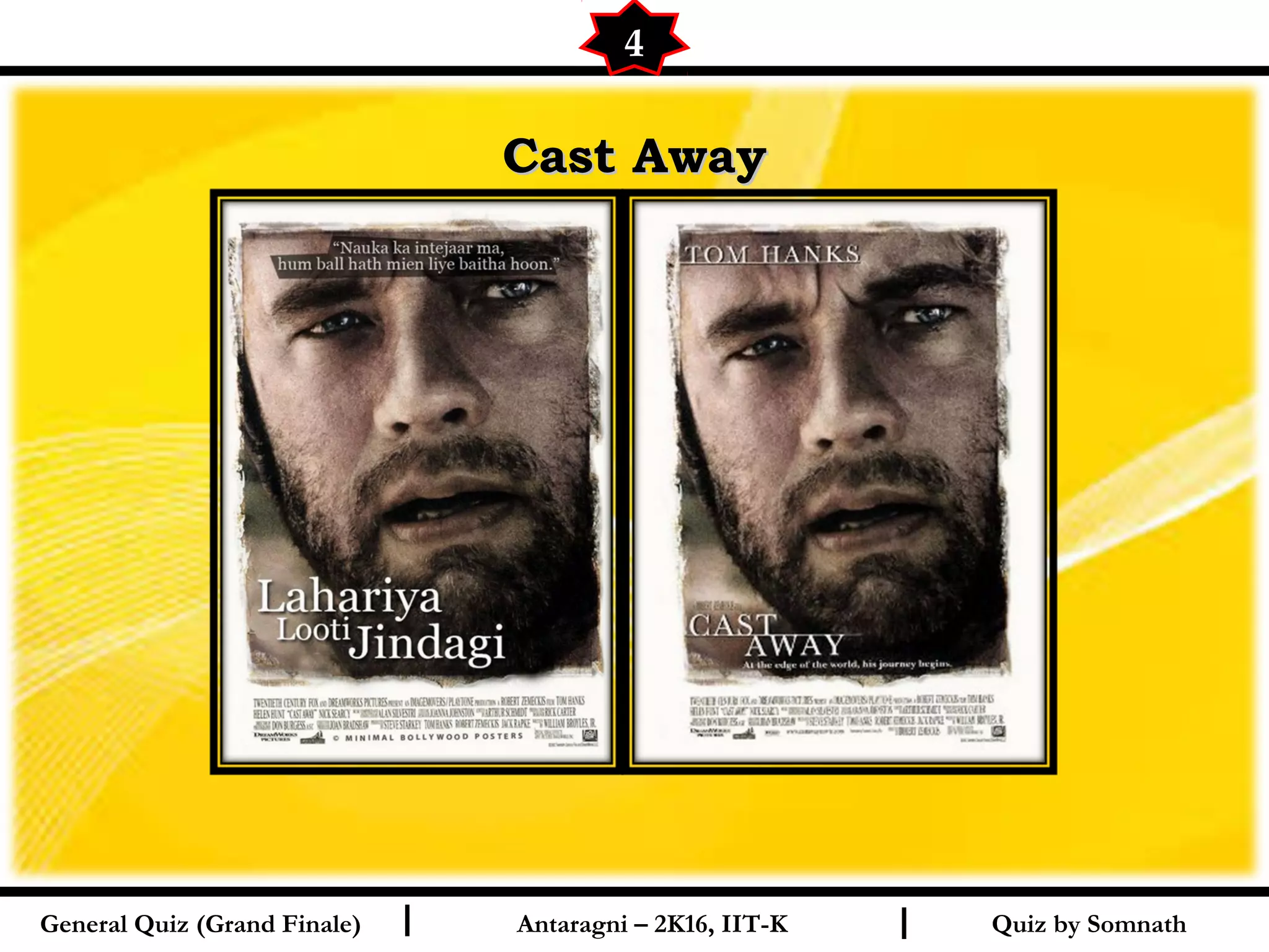 Quiz by SomnathI I
Cast AwayCast Away
4
General Quiz (Grand Finale) Antaragni – 2K16, IIT-K
 