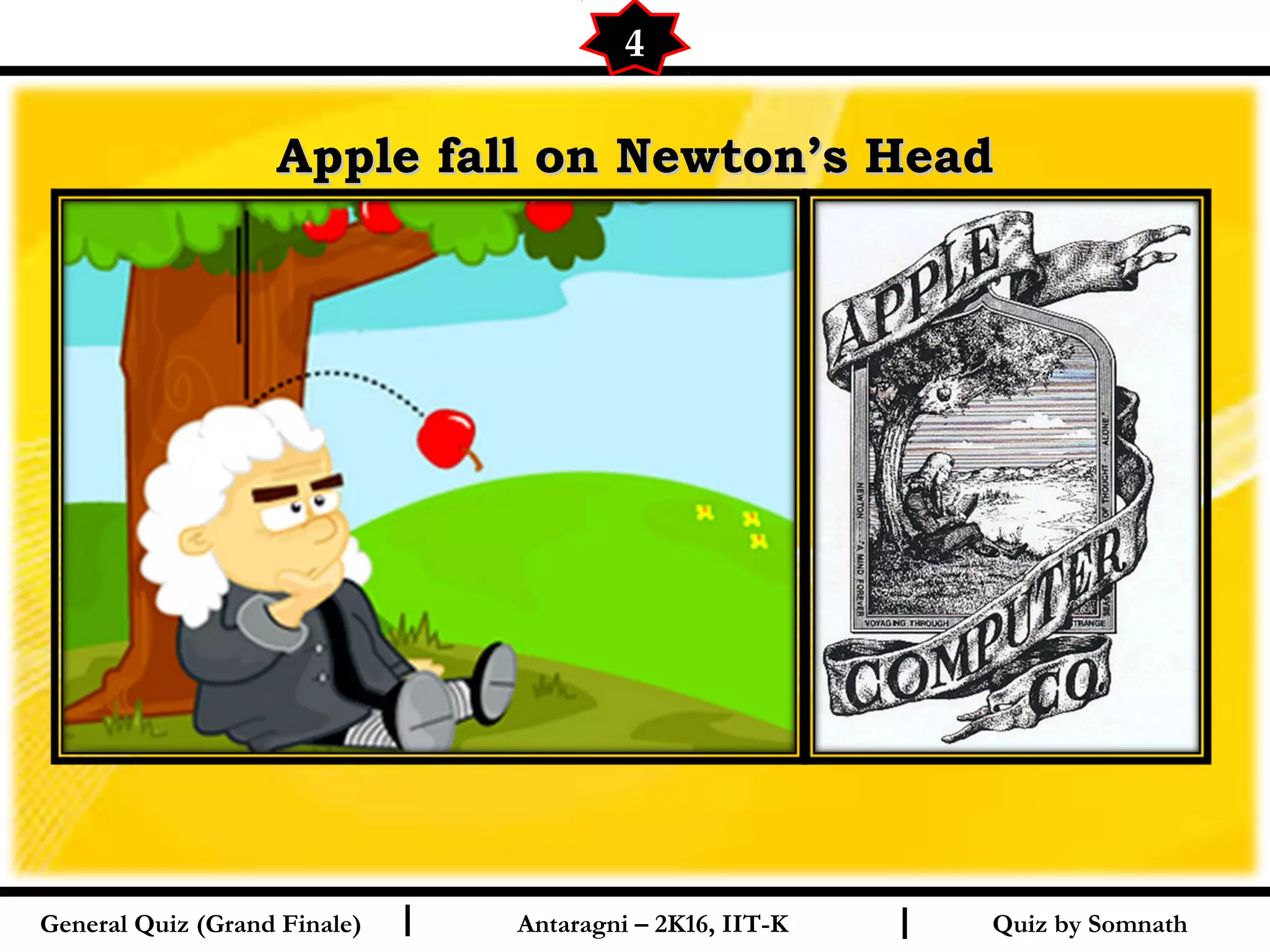 Quiz by SomnathI I
Apple fall on Newton’s HeadApple fall on Newton’s Head
4
General Quiz (Grand Finale) Antaragni – 2K16, IIT-K
 