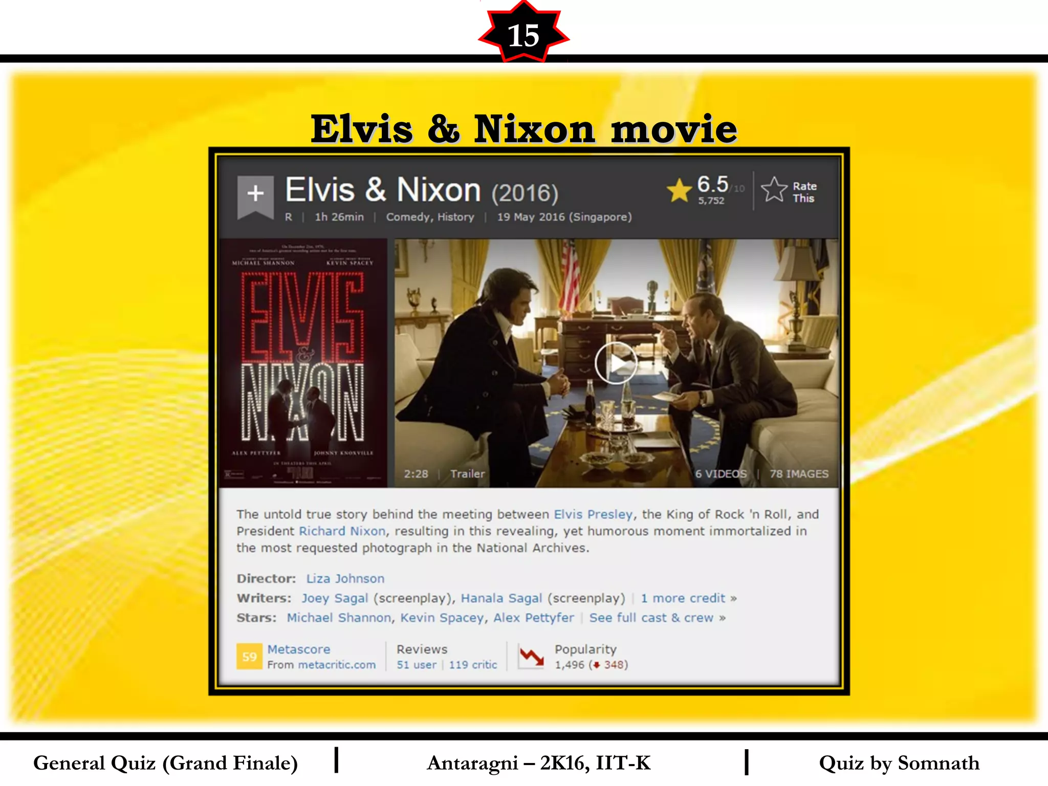 Quiz by SomnathI I
Elvis & Nixon movieElvis & Nixon movie
15
General Quiz (Grand Finale) Antaragni – 2K16, IIT-K
 