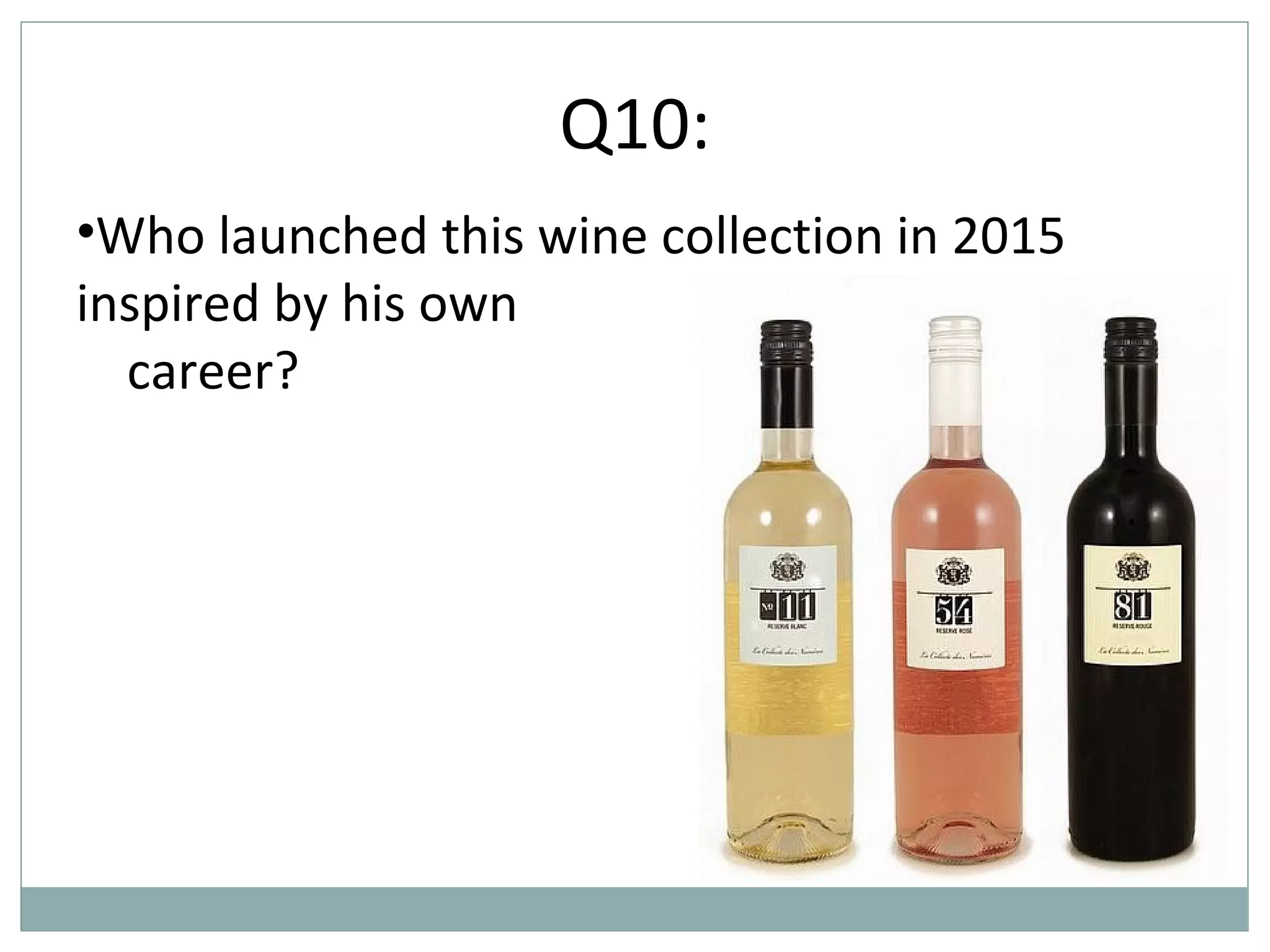 Q10:
•Who launched this wine collection in 2015
inspired by his own
career?
 