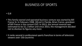 BUSINESS OF SPORTS
• Q 8
• This family-owned and operated business venture was started by Bill
France Sr. in February 1948. HQ-ed in Florida, Brian France, grandson
of Bill France is the current CEO. In 2013, the annual revenue was
estimated to be $1.1 billion and since 2013, the management decided
not to disclose its figures any more
• It ranks second in professional sports franchise in terms of television
viewers over 150 countries
 