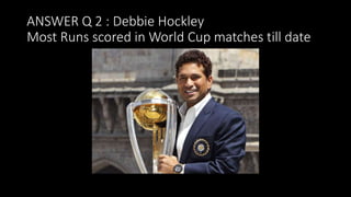 ANSWER Q 2 : Debbie Hockley
Most Runs scored in World Cup matches till date
 