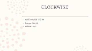 CLOCKWISE
– BLIND POUNCE +50/-30
– Pounce +20/-10
– Bounce +10/0
 