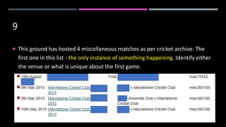 9
 This ground has hosted 4 miscellaneous matches as per cricket archive. The
first one in this list - the only instance of something happening. Identify either
the venue or what is unique about the first game.
 