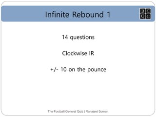 Infinite Rebound 1
The Football General Quiz | Ranajeet Soman
14 questions
Clockwise IR
+/- 10 on the pounce
 