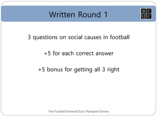 Written Round 1
The Football General Quiz | Ranajeet Soman
3 questions on social causes in football
+5 for each correct answer
+5 bonus for getting all 3 right
 