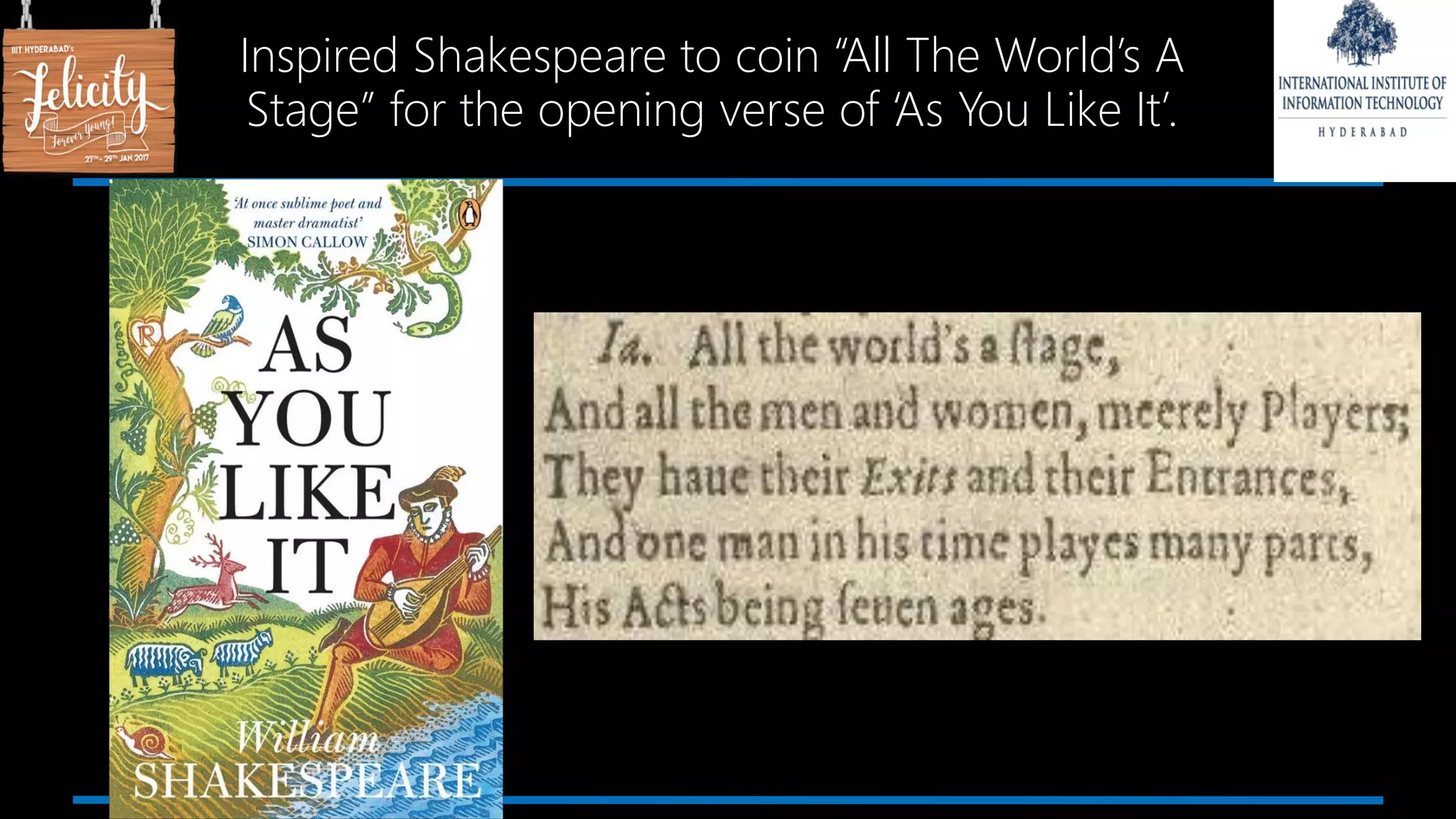 Inspired Shakespeare to coin “All The World’s A
Stage” for the opening verse of ‘As You Like It’.
 