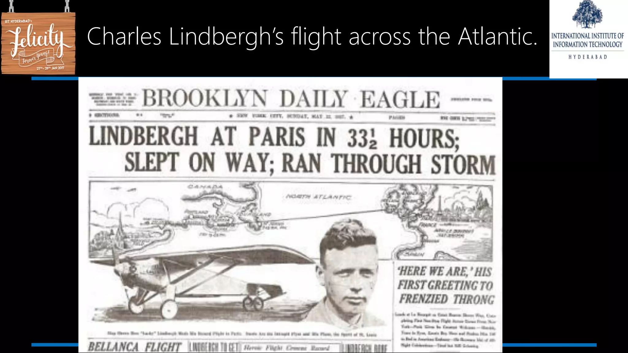 Charles Lindbergh’s flight across the Atlantic.
 