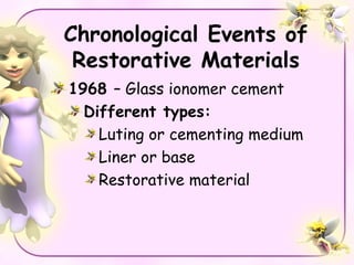 Chronological Events of
 Restorative Materials
1968 – Glass ionomer cement
  Different types:
    Luting or cementing medium
    Liner or base
    Restorative material
 