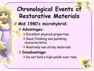 Chronological Events of
 Restorative Materials
Mid 1980’s microhybrid:
 Advantages:
   Excellent physical properties
   Good finishing and polishing
  characteristics
   Relatively non sticky materials
 Disadvantage:
   Do not hold a high polish over time
 