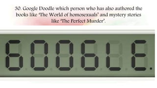 30. Google Doodle which person who has also authored the
books like ‘The World of homosexuals’ and mystery stories
like ‘The Perfect Murder’.
 