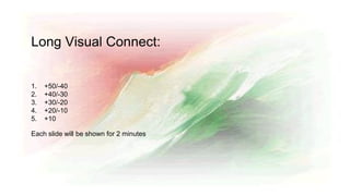 Each slide will be shown for 2 minutes
Long Visual Connect:
1. +50/-40
2. +40/-30
3. +30/-20
4. +20/-10
5. +10
 