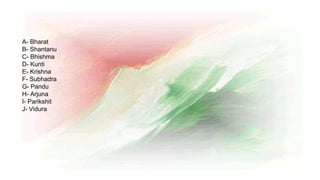 A- Bharat
B- Shantanu
C- Bhishma
D- Kunti
E- Krishna
F- Subhadra
G- Pandu
H- Arjuna
I- Parikshit
J- Vidura
 