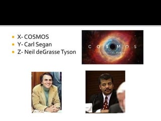  X- COSMOS
 Y- Carl Segan
 Z- Neil deGrasseTyson
 
