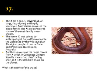  The X are a genus, Oxyuranus, of
large, fast-moving and highly
venomous Australasian snakes of the
elapid family.The Xs are considered
some of the most deadly known
snakes.
 The name, X, was coined by
anthropologist DonaldThomson after
the word used by theWik-Mungkan
Aboriginal people of central Cape
York Peninsula,Queensland,
Australia.
 Another source says the name comes
from X which in Cantonese Chinese
literally means 'top class',or 'big
shot’ as it is the deadliest snake on
the planet.
What is the name of this snake?
 