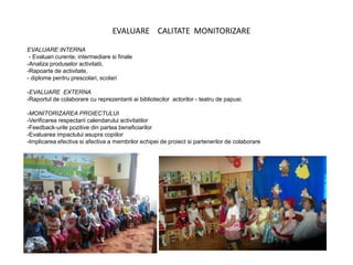 EVALUARE CALITATE MONITORIZARE
EVALUARE INTERNA
- Evaluari curente, intermediare si finale
-Analiza produselor activitatii,
-Rapoarte de activitate,
- diplome pentru prescolari, scolari
-EVALUARE EXTERNA
-Raportul de colaborare cu reprezentanti ai bibliotecilor actorilor - teatru de papusi.
-MONITORIZAREA PROIECTULUI
-Verificarea respectarii calendarului activitatilor
-Feedback-urile pozitive din partea beneficiarilor
-Evaluarea impactului asupra copiilor
-Implicarea efectiva si afectiva a membrilor echipei de proiect si partenerilor de colaborare
 