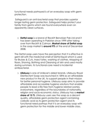 functional needs portrayed is of an everyday soap with germ
protection.

 Safeguard is an anti-bacterial soap that provides superior
longer lasting germ protection. Safeguard helps protect your
family from germs which are found everywhere even on
apparently clean surfaces.



    2. Dettol soap is a brand of Reckitt Benckiser Pak Ltd and it
      has been operating in Pakistan since 1999 after taking
      over from Reckitt & Colman. Market share of Dettol soap
      in the soap market is around 9% at the end of December
      2008.

The Dettol soap users have the perception that it is effective in
germ kill with the medicinal smell of Dettol liquid which is used
for Bruises & Cuts, Insect bites, washing of clothes, Mopping of
floors, Shaving, Bathing and Cleansing of skin and used mostly
during summers. Its functional core need is incidental
antibacterial.

    3. Lifebuoy is one of Unilever's oldest brands. Lifebuoy Royal
      Disinfectant Soap was launched in 1894 as an affordable
      new product in the UK, to support people in their mission
      for better personal hygiene. Lifebuoy soap aims to provide
      affordable and accessible hygiene solutions that enable
      people to lead a life free from hygiene related worries,
      everywhere, regardless of the boundaries of nationality,
      religion and socio-economic status. Lifebuoy has a market
      share of 15 %. Lifebuoy users see the soap as a decent
      quality, affordable germ protection agent containing
      carbolic acid as its germ protection agent and its
      functional need portrays that it is an everyday soap with
      germ protection for the middle and lower middle class.

　



                                                                     27
 