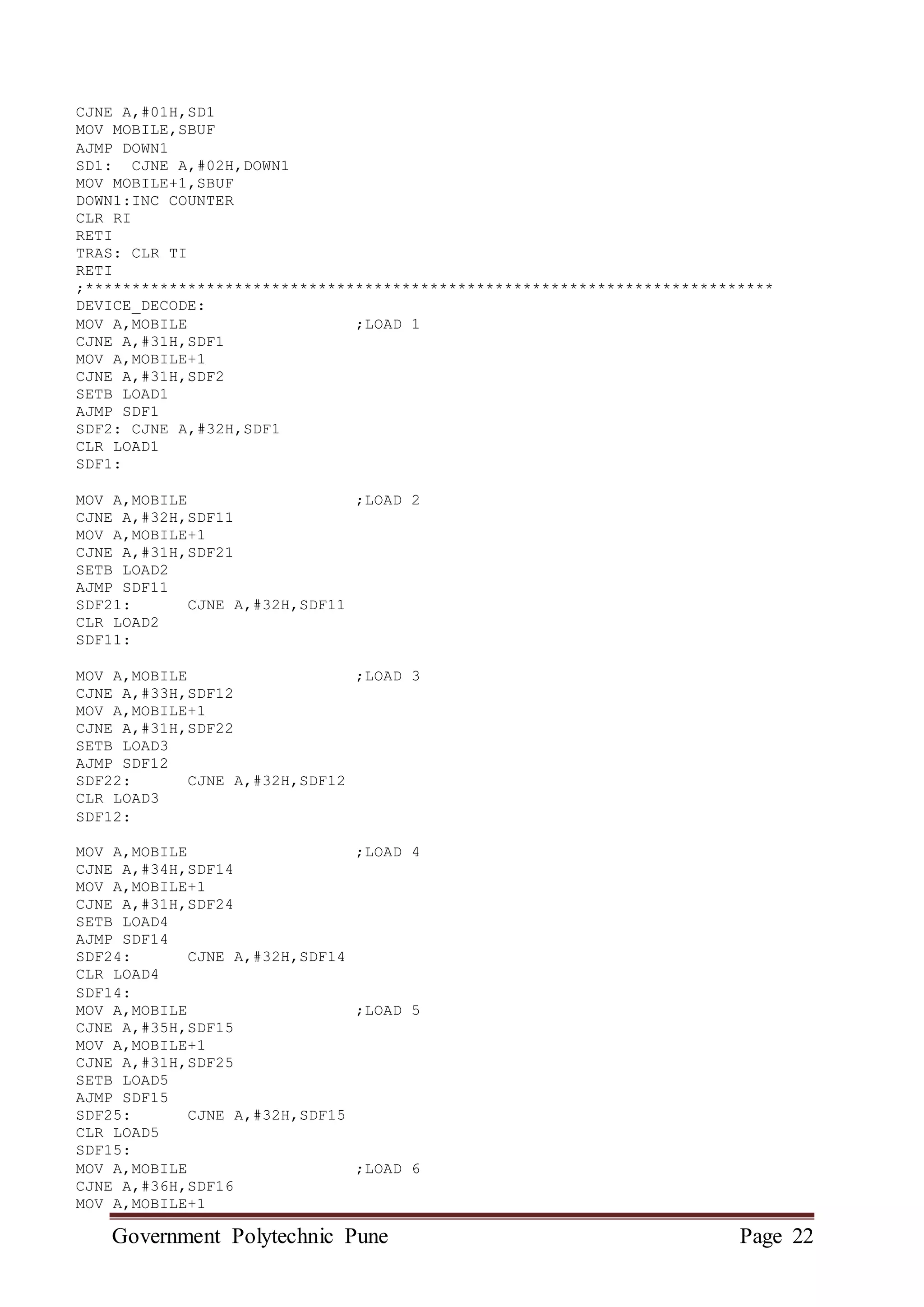 Government Polytechnic Pune Page 22
CJNE A,#01H,SD1
MOV MOBILE,SBUF
AJMP DOWN1
SD1: CJNE A,#02H,DOWN1
MOV MOBILE+1,SBUF
DOWN1:INC COUNTER
CLR RI
RETI
TRAS: CLR TI
RETI
;**************************************************************************
DEVICE_DECODE:
MOV A,MOBILE ;LOAD 1
CJNE A,#31H,SDF1
MOV A,MOBILE+1
CJNE A,#31H,SDF2
SETB LOAD1
AJMP SDF1
SDF2: CJNE A,#32H,SDF1
CLR LOAD1
SDF1:
MOV A,MOBILE ;LOAD 2
CJNE A,#32H,SDF11
MOV A,MOBILE+1
CJNE A,#31H,SDF21
SETB LOAD2
AJMP SDF11
SDF21: CJNE A,#32H,SDF11
CLR LOAD2
SDF11:
MOV A,MOBILE ;LOAD 3
CJNE A,#33H,SDF12
MOV A,MOBILE+1
CJNE A,#31H,SDF22
SETB LOAD3
AJMP SDF12
SDF22: CJNE A,#32H,SDF12
CLR LOAD3
SDF12:
MOV A,MOBILE ;LOAD 4
CJNE A,#34H,SDF14
MOV A,MOBILE+1
CJNE A,#31H,SDF24
SETB LOAD4
AJMP SDF14
SDF24: CJNE A,#32H,SDF14
CLR LOAD4
SDF14:
MOV A,MOBILE ;LOAD 5
CJNE A,#35H,SDF15
MOV A,MOBILE+1
CJNE A,#31H,SDF25
SETB LOAD5
AJMP SDF15
SDF25: CJNE A,#32H,SDF15
CLR LOAD5
SDF15:
MOV A,MOBILE ;LOAD 6
CJNE A,#36H,SDF16
MOV A,MOBILE+1
 