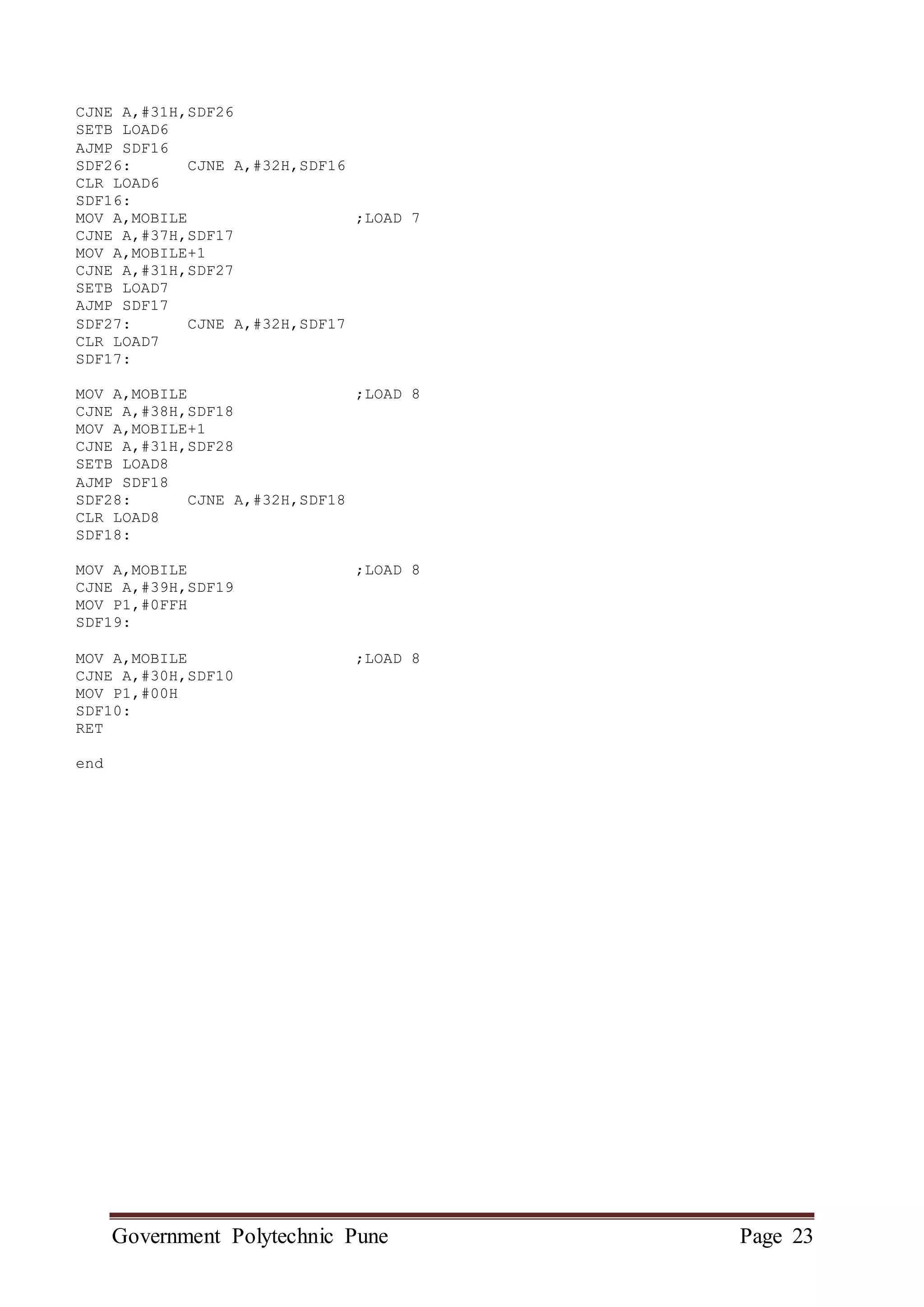 Government Polytechnic Pune Page 23
CJNE A,#31H,SDF26
SETB LOAD6
AJMP SDF16
SDF26: CJNE A,#32H,SDF16
CLR LOAD6
SDF16:
MOV A,MOBILE ;LOAD 7
CJNE A,#37H,SDF17
MOV A,MOBILE+1
CJNE A,#31H,SDF27
SETB LOAD7
AJMP SDF17
SDF27: CJNE A,#32H,SDF17
CLR LOAD7
SDF17:
MOV A,MOBILE ;LOAD 8
CJNE A,#38H,SDF18
MOV A,MOBILE+1
CJNE A,#31H,SDF28
SETB LOAD8
AJMP SDF18
SDF28: CJNE A,#32H,SDF18
CLR LOAD8
SDF18:
MOV A,MOBILE ;LOAD 8
CJNE A,#39H,SDF19
MOV P1,#0FFH
SDF19:
MOV A,MOBILE ;LOAD 8
CJNE A,#30H,SDF10
MOV P1,#00H
SDF10:
RET
end
 