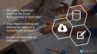 • Still Using Traditional
methods like Excel
Spreadsheets to store data?
• Does Report creating and
sharing has become a
cumbersome process?
• Is Lack of Transparency
bothering you?
 