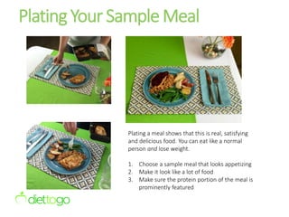 Plating Your Sample Meal
Plating a meal shows that this is real, satisfying
and delicious food. You can eat like a normal
person and lose weight.
1. Choose a sample meal that looks appetizing
2. Make it look like a lot of food
3. Make sure the protein portion of the meal is
prominently featured
 