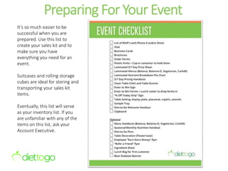 Preparing For Your Event
It’s so much easier to be
successful when you are
prepared. Use this list to
create your sales kit and to
make sure you have
everything you need for an
event.
Suitcases and rolling storage
cubes are ideal for storing and
transporting your sales kit
items.
Eventually, this list will serve
as your inventory list. If you
are unfamiliar with any of the
items on this list, ask your
Account Executive.
 