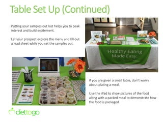 Table Set Up (Continued)
Putting your samples out last helps you to peak
interest and build excitement.
Let your prospect explore the menu and fill out
a lead sheet while you set the samples out.
If you are given a small table, don’t worry
about plating a meal.
Use the iPad to show pictures of the food
along with a packed meal to demonstrate how
the food is packaged.
 