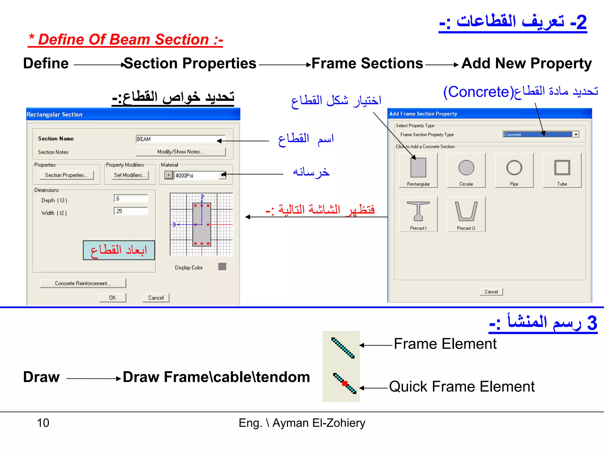 -: ‫2- ﺗﻌﺮﻳﻒ اﻟﻘﻄﺎﻋﺎت‬
* Define Of Beam Section :-
Define         Section Properties               Frame Sections             Add New Property

             -:‫ﺗﺤﺪﻳﺪ ﺧﻮاص اﻟﻘﻄﺎع‬                                        (Concrete)‫ﺗﺤﺪﻳﺪ ﻣﺎدة اﻟﻘﻄﺎع‬
                                            ‫اﺧﺘﻴﺎر ﺷﻜﻞ اﻟﻘﻄﺎع‬

                                          ‫اﺳﻢ اﻟﻘﻄﺎع‬

                                            ‫ﺧﺮﺳﺎﻧﻪ‬

                                       -: ‫ﻓﺘﻈﻬﺮ اﻟﺸﺎﺷﺔ اﻟﺘﺎﻟﻴﺔ‬

         ‫اﺑﻌﺎد اﻟﻘﻄﺎع‬



                                                                               -: ‫3 رﺳﻢ اﻟﻤﻨﺸﺄ‬
                                                                 Frame Element

Draw           Draw Framecabletendom
                                                                 Quick Frame Element

 10                                Eng.  Ayman El-Zohiery
 
