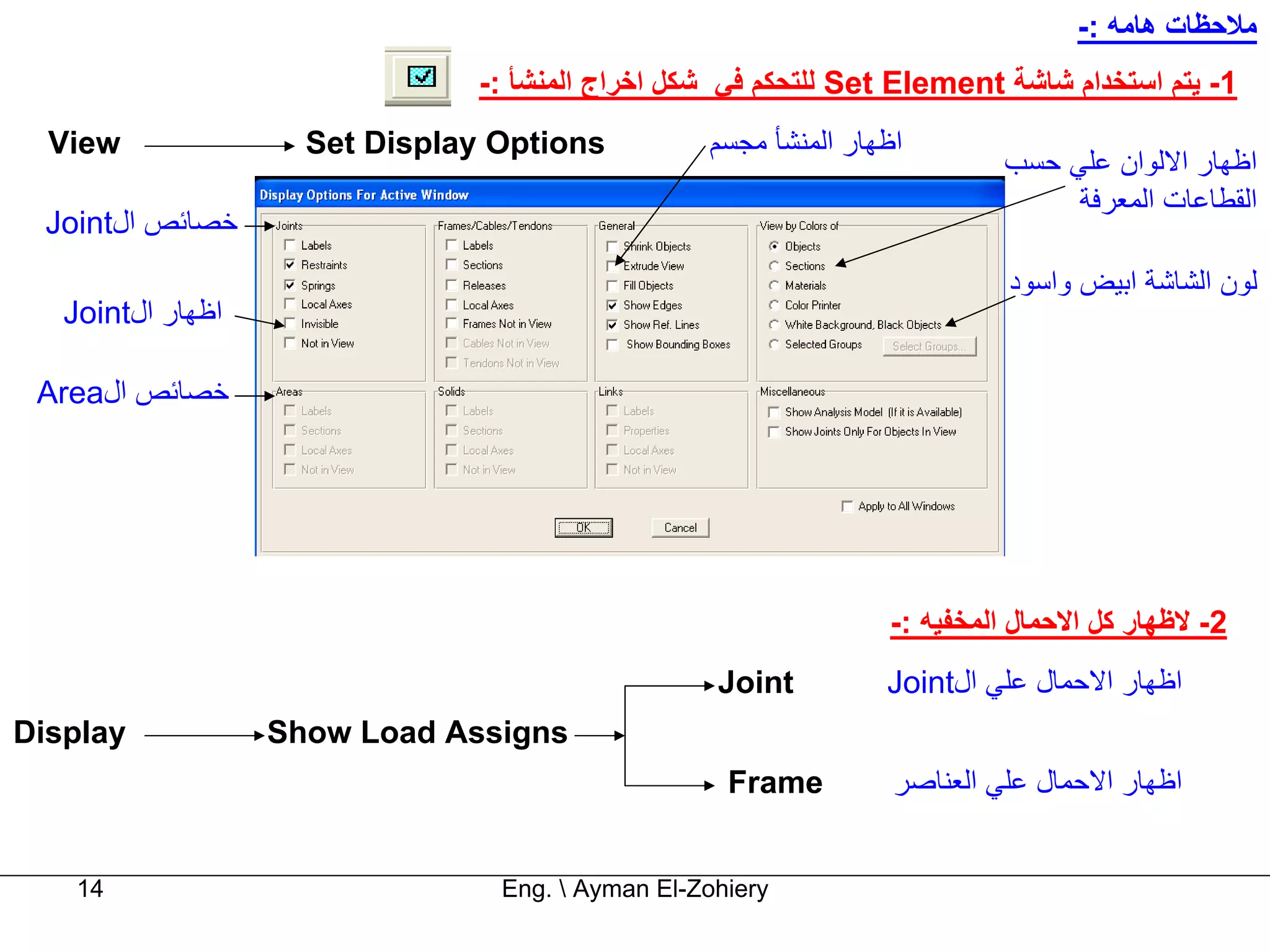 ‫ﻣﻼﺣﻈﺎت هﺎﻣﻪ :-‬
                               ‫1- ﻳﺘﻢ اﺳﺘﺨﺪام ﺷﺎﺷﺔ ‪ Set Element‬ﻟﻠﺘﺤﻜﻢ ﻓﻲ ﺷﻜﻞ اﺧﺮاج اﻟﻤﻨﺸﺄ :-‬
  ‫‪View‬‬               ‫‪Set Display Options‬‬          ‫اﻇﻬﺎر اﻟﻤﻨﺸﺄ ﻣﺠﺴﻢ‬
                                                                           ‫اﻇﻬﺎر اﻻﻟﻮان ﻋﻠﻲ ﺣﺴﺐ‬
                                                                                ‫اﻟﻘﻄﺎﻋﺎت اﻟﻤﻌﺮﻓﺔ‬
  ‫ﺧﺼﺎﺋﺺ ال‪Joint‬‬
                                                                           ‫ﻟﻮن اﻟﺸﺎﺷﺔ اﺑﻴﺾ واﺳﻮد‬
   ‫اﻇﻬﺎر ال‪Joint‬‬

 ‫ﺧﺼﺎﺋﺺ ال‪Area‬‬




                                                                 ‫2- ﻻﻇﻬﺎر آﻞ اﻻﺣﻤﺎل اﻟﻤﺨﻔﻴﻪ :-‬
                                                   ‫‪Joint‬‬         ‫اﻇﻬﺎر اﻻﺣﻤﺎل ﻋﻠﻲ ال‪Joint‬‬
‫‪Display‬‬            ‫‪Show Load Assigns‬‬
                                                    ‫‪Frame‬‬         ‫اﻇﻬﺎر اﻻﺣﻤﺎل ﻋﻠﻲ اﻟﻌﻨﺎﺻﺮ‬


    ‫41‬                           ‫‪Eng.  Ayman El-Zohiery‬‬
 
