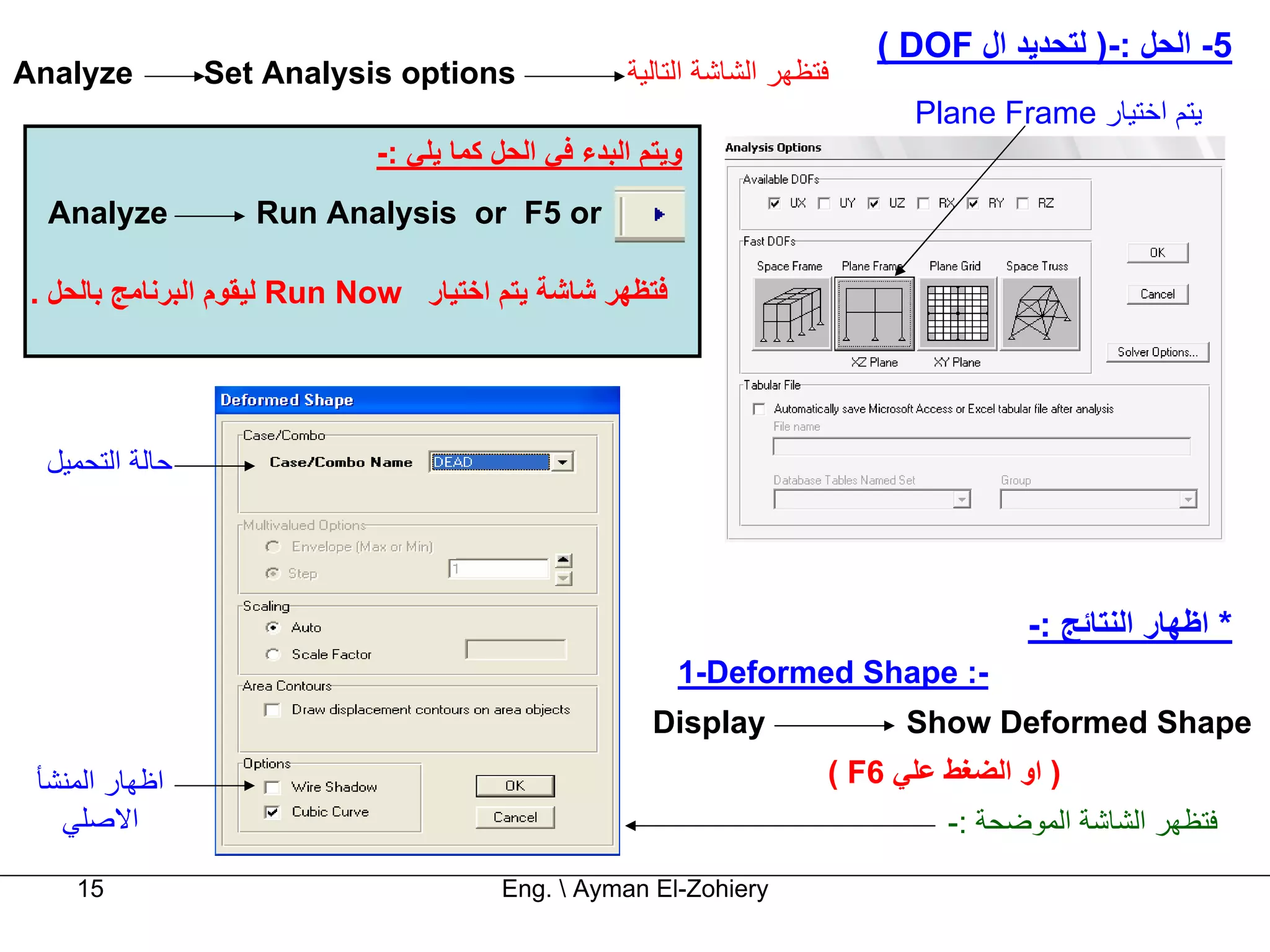 ‫5- اﻟﺤﻞ :-) ﻟﺘﺤﺪﻳﺪ ال ‪( DOF‬‬
‫‪Analyze‬‬         ‫‪Set Analysis options‬‬               ‫ﻓﺘﻈﻬﺮ اﻟﺸﺎﺷﺔ اﻟﺘﺎﻟﻴﺔ‬
                                                                             ‫ﻳﺘﻢ اﺧﺘﻴﺎر ‪Plane Frame‬‬
                            ‫وﻳﺘﻢ اﻟﺒﺪء ﻓﻲ اﻟﺤﻞ آﻤﺎ ﻳﻠﻲ :-‬
  ‫‪Analyze‬‬          ‫‪Run Analysis or F5 or‬‬

‫ﻓﺘﻈﻬﺮ ﺷﺎﺷﺔ ﻳﺘﻢ اﺧﺘﻴﺎر ‪ Run Now‬ﻟﻴﻘﻮم اﻟﺒﺮﻧﺎﻣﺞ ﺑﺎﻟﺤﻞ .‬




 ‫ﺣﺎﻟﺔ اﻟﺘﺤﻤﻴﻞ‬




                                                                                      ‫* اﻇﻬﺎر اﻟﻨﺘﺎﺋﺞ :-‬
                                                        ‫-: ‪1-Deformed Shape‬‬
                                                      ‫‪Display‬‬               ‫‪Show Deformed Shape‬‬
 ‫اﻇﻬﺎر اﻟﻤﻨﺸﺄ‬                                                         ‫) او اﻟﻀﻐﻂ ﻋﻠﻲ 6‪( F‬‬
   ‫اﻻﺻﻠﻲ‬                                                                       ‫ﻓﺘﻈﻬﺮ اﻟﺸﺎﺷﺔ اﻟﻤﻮﺿﺤﺔ :-‬

    ‫51‬                                 ‫‪Eng.  Ayman El-Zohiery‬‬
 