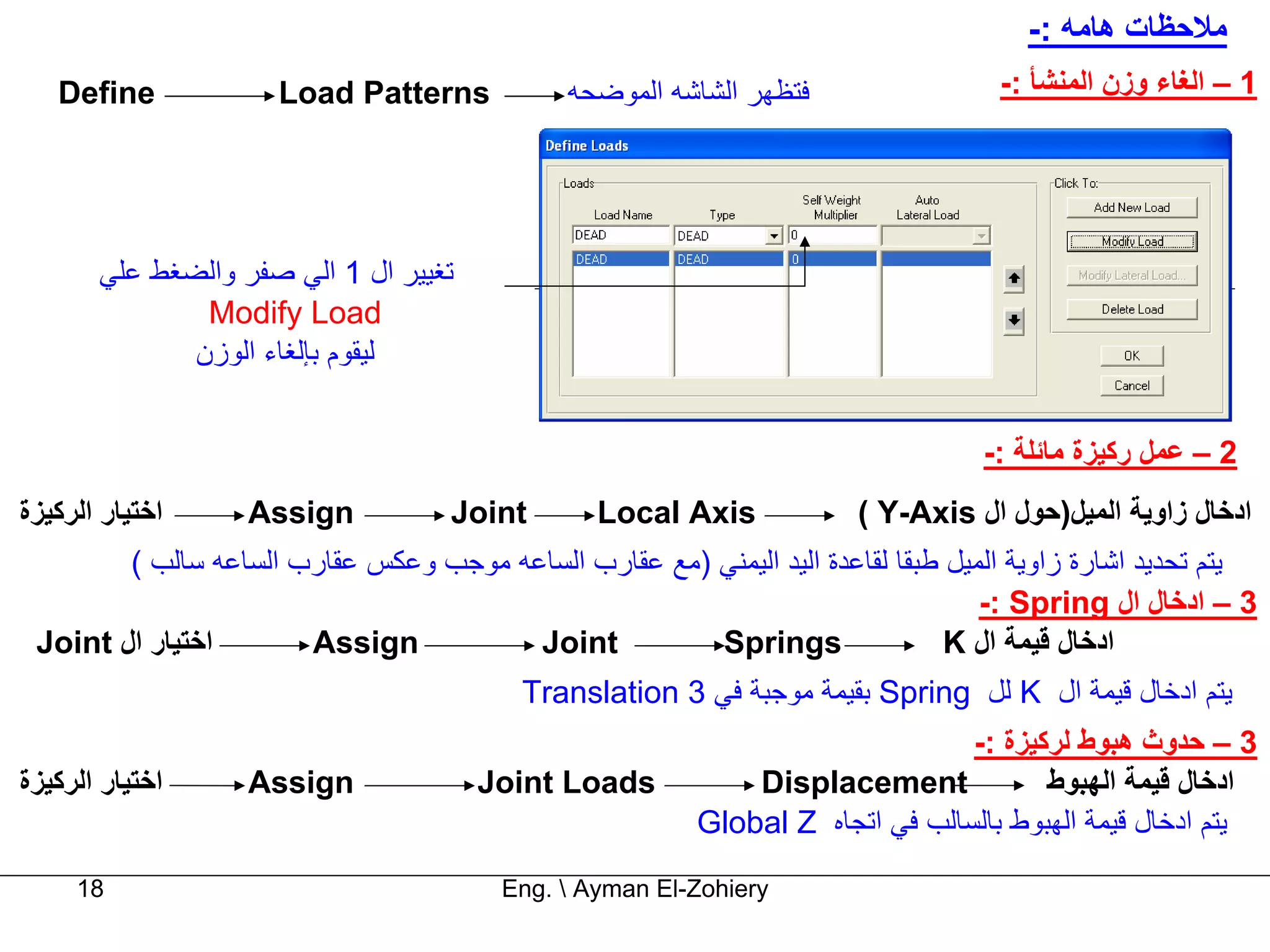 ‫ﻣﻼﺣﻈﺎت هﺎﻣﻪ :-‬
   ‫‪Define‬‬            ‫‪Load Patterns‬‬            ‫ﻓﺘﻈﻬﺮ اﻟﺸﺎﺷﻪ اﻟﻤﻮﺿﺤﻪ‬                 ‫1 – اﻟﻐﺎء وزن اﻟﻤﻨﺸﺄ :-‬




       ‫ﺗﻐﻴﻴﺮ ال 1 اﻟﻲ ﺻﻔﺮ واﻟﻀﻐﻂ ﻋﻠﻲ‬
               ‫‪Modify Load‬‬
              ‫ﻟﻴﻘﻮم ﺑﺈﻟﻐﺎء اﻟﻮزن‬


                                                                                  ‫2 – ﻋﻤﻞ رآﻴﺰة ﻣﺎﺋﻠﺔ :-‬
‫اﺧﺘﻴﺎر اﻟﺮآﻴﺰة‬     ‫‪Assign‬‬           ‫‪Joint‬‬        ‫‪Local Axis‬‬            ‫ادﺧﺎل زاوﻳﺔ اﻟﻤﻴﻞ)ﺣﻮل ال ‪( Y-Axis‬‬
        ‫ﻳﺘﻢ ﺗﺤﺪﻳﺪ اﺷﺎرة زاوﻳﺔ اﻟﻤﻴﻞ ﻃﺒﻘﺎ ﻟﻘﺎﻋﺪة اﻟﻴﺪ اﻟﻴﻤﻨﻲ )ﻣﻊ ﻋﻘﺎرب اﻟﺴﺎﻋﻪ ﻣﻮﺟﺐ وﻋﻜﺲ ﻋﻘﺎرب اﻟﺴﺎﻋﻪ ﺳﺎﻟﺐ (‬
                                                                                  ‫3 – ادﺧﺎل ال ‪-: Spring‬‬
 ‫اﺧﺘﻴﺎر ال ‪Joint‬‬       ‫‪Assign‬‬           ‫‪Joint‬‬          ‫‪Springs‬‬                 ‫ادﺧﺎل ﻗﻴﻤﺔ ال ‪K‬‬
                                          ‫ﻳﺘﻢ ادﺧﺎل ﻗﻴﻤﺔ ال ‪ K‬ﻟﻞ ‪ Spring‬ﺑﻘﻴﻤﺔ ﻣﻮﺟﺒﺔ ﻓﻲ 3 ‪Translation‬‬
                                                                               ‫3 – ﺣﺪوث هﺒﻮط ﻟﺮآﻴﺰة :-‬
‫اﺧﺘﻴﺎر اﻟﺮآﻴﺰة‬     ‫‪Assign‬‬              ‫‪Joint Loads‬‬           ‫‪Displacement‬‬             ‫ادﺧﺎل ﻗﻴﻤﺔ اﻟﻬﺒﻮط‬
                                                         ‫ﻳﺘﻢ ادﺧﺎل ﻗﻴﻤﺔ اﻟﻬﺒﻮط ﺑﺎﻟﺴﺎﻟﺐ ﻓﻲ اﺗﺠﺎﻩ ‪Global Z‬‬

     ‫81‬                                  ‫‪Eng.  Ayman El-Zohiery‬‬
 