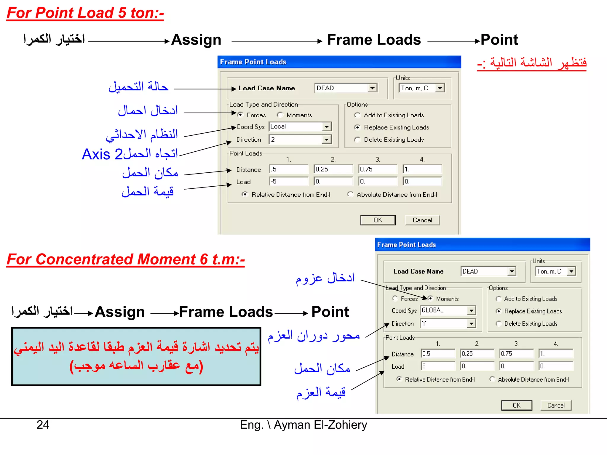 ‫-:‪For Point Load 5 ton‬‬
  ‫اﺧﺘﻴﺎر اﻟﻜﻤﺮا‬                    ‫‪Assign‬‬                        ‫‪Frame Loads‬‬   ‫‪Point‬‬
                                                                               ‫ﻓﺘﻈﻬﺮ اﻟﺸﺎﺷﺔ اﻟﺘﺎﻟﻴﺔ :-‬
                    ‫ﺣﺎﻟﺔ اﻟﺘﺤﻤﻴﻞ‬
                      ‫ادﺧﺎل اﺣﻤﺎل‬
                   ‫اﻟﻨﻈﺎم اﻻﺣﺪاﺛﻲ‬
                ‫اﺗﺠﺎﻩ اﻟﺤﻤﻞ2 ‪Axis‬‬
                      ‫ﻣﻜﺎن اﻟﺤﻤﻞ‬
                      ‫ﻗﻴﻤﺔ اﻟﺤﻤﻞ‬



‫-:‪For Concentrated Moment 6 t.m‬‬
                                                          ‫ادﺧﺎل ﻋﺰوم‬

‫اﺧﺘﻴﺎر اﻟﻜﻤﺮا‬     ‫‪Assign‬‬            ‫‪Frame Loads‬‬               ‫‪Point‬‬
                                                      ‫ﻣﺤﻮر دوران اﻟﻌﺰم‬
 ‫ﻳﺘﻢ ﺗﺤﺪﻳﺪ اﺷﺎرة ﻗﻴﻤﺔ اﻟﻌﺰم ﻃﺒﻘﺎ ﻟﻘﺎﻋﺪة اﻟﻴﺪ اﻟﻴﻤﻨﻲ‬
             ‫)ﻣﻊ ﻋﻘﺎرب اﻟﺴﺎﻋﻪ ﻣﻮﺟﺐ(‬                       ‫ﻣﻜﺎن اﻟﺤﻤﻞ‬
                                                           ‫ﻗﻴﻤﺔ اﻟﻌﺰم‬

     ‫42‬                                        ‫‪Eng.  Ayman El-Zohiery‬‬
 