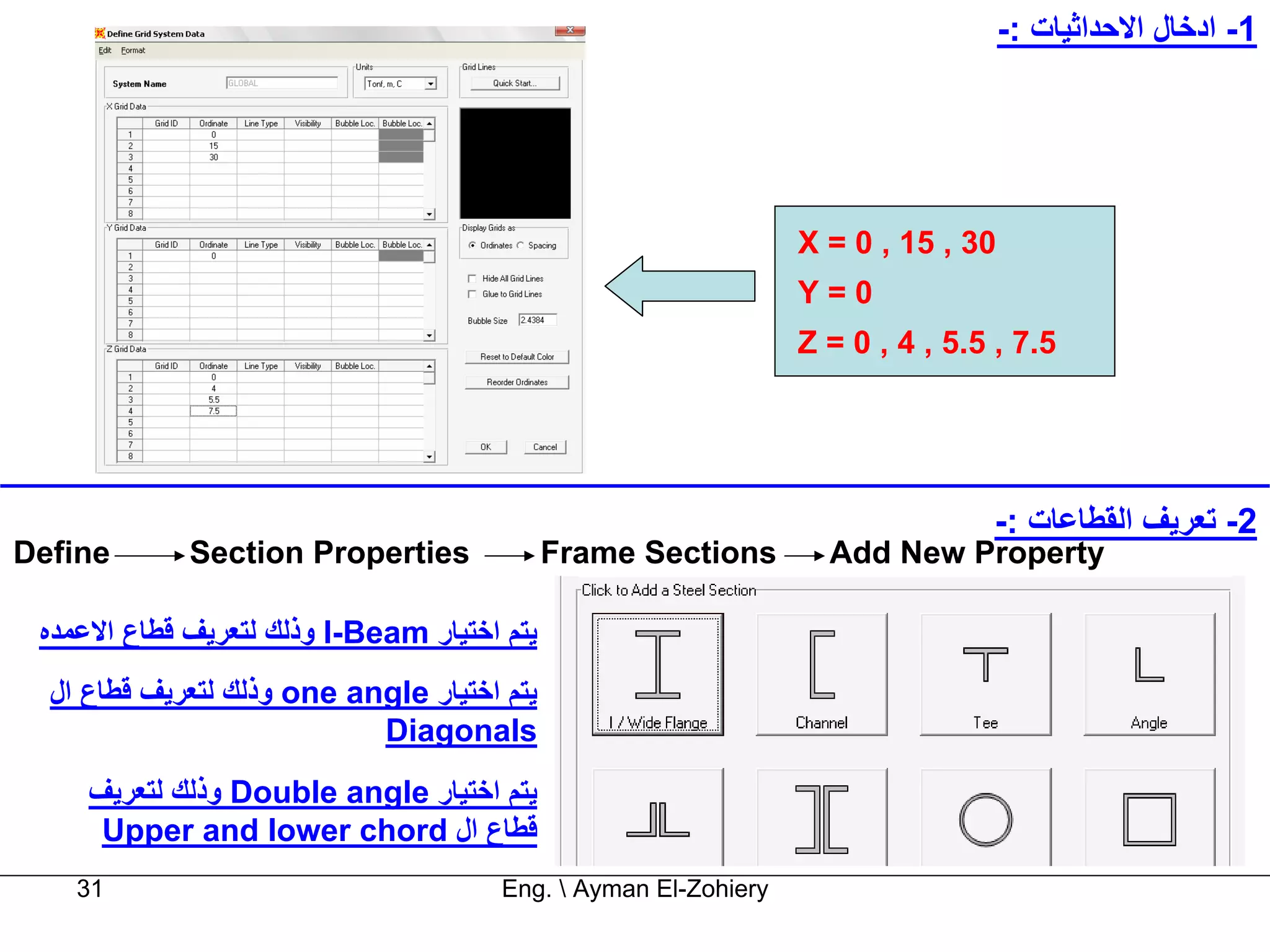 -: ‫1- ادﺧﺎل اﻻﺣﺪاﺛﻴﺎت‬




                                                                 X = 0 , 15 , 30
                                                                 Y=0
                                                                 Z = 0 , 4 , 5.5 , 7.5




                                                                                -: ‫2- ﺗﻌﺮﻳﻒ اﻟﻘﻄﺎﻋﺎت‬
Define       Section Properties              Frame Sections        Add New Property

 ‫ وذﻟﻚ ﻟﺘﻌﺮﻳﻒ ﻗﻄﺎع اﻻﻋﻤﺪﻩ‬I-Beam ‫ﻳﺘﻢ اﺧﺘﻴﺎر‬
  ‫ وذﻟﻚ ﻟﺘﻌﺮﻳﻒ ﻗﻄﺎع ال‬one angle ‫ﻳﺘﻢ اﺧﺘﻴﺎر‬
                            Diagonals
     ‫ وذﻟﻚ ﻟﺘﻌﺮﻳﻒ‬Double angle ‫ﻳﺘﻢ اﺧﺘﻴﺎر‬
      Upper and lower chord ‫ﻗﻄﺎع ال‬
    31                                 Eng.  Ayman El-Zohiery
 