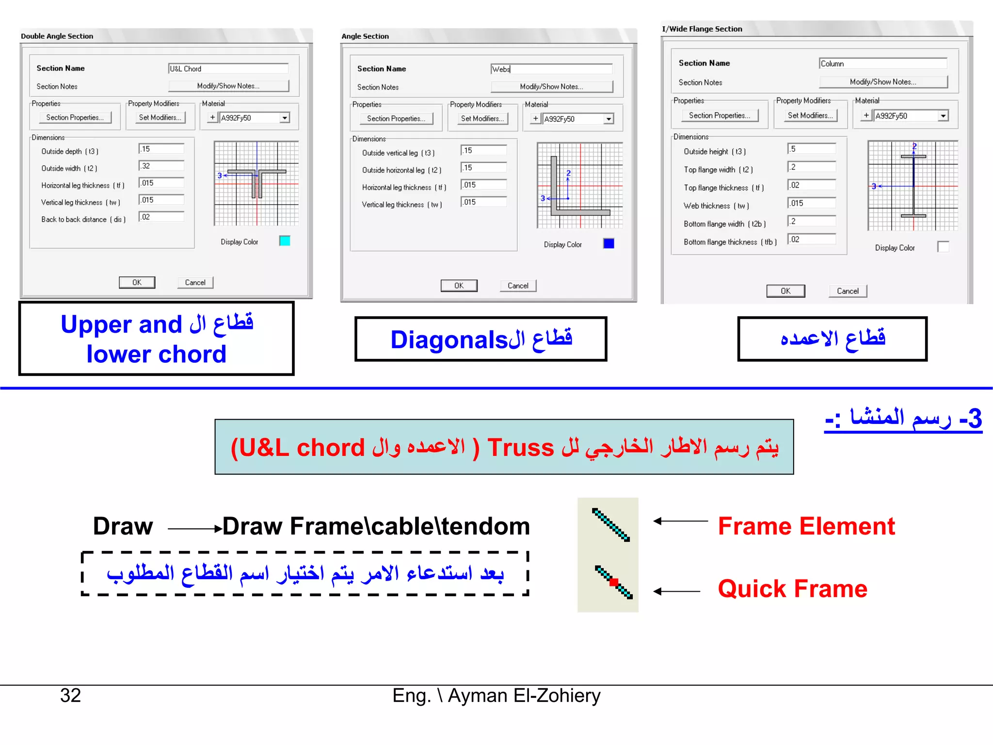 Upper and ‫ﻗﻄﺎع ال‬
                                     Diagonals‫ﻗﻄﺎع ال‬                       ‫ﻗﻄﺎع اﻻﻋﻤﺪﻩ‬
  lower chord

                                                                                -: ‫3- رﺳﻢ اﻟﻤﻨﺸﺎ‬
                   (U&L chord ‫ ) اﻻﻋﻤﺪﻩ وال‬Truss ‫ﻳﺘﻢ رﺳﻢ اﻻﻃﺎر اﻟﺨﺎرﺟﻲ ﻟﻞ‬


     Draw         Draw Framecabletendom                          Frame Element
     ‫ﺑﻌﺪ اﺳﺘﺪﻋﺎء اﻻﻣﺮ ﻳﺘﻢ اﺧﺘﻴﺎر اﺳﻢ اﻟﻘﻄﺎع اﻟﻤﻄﻠﻮب‬
                                                                   Quick Frame



32                                    Eng.  Ayman El-Zohiery
 