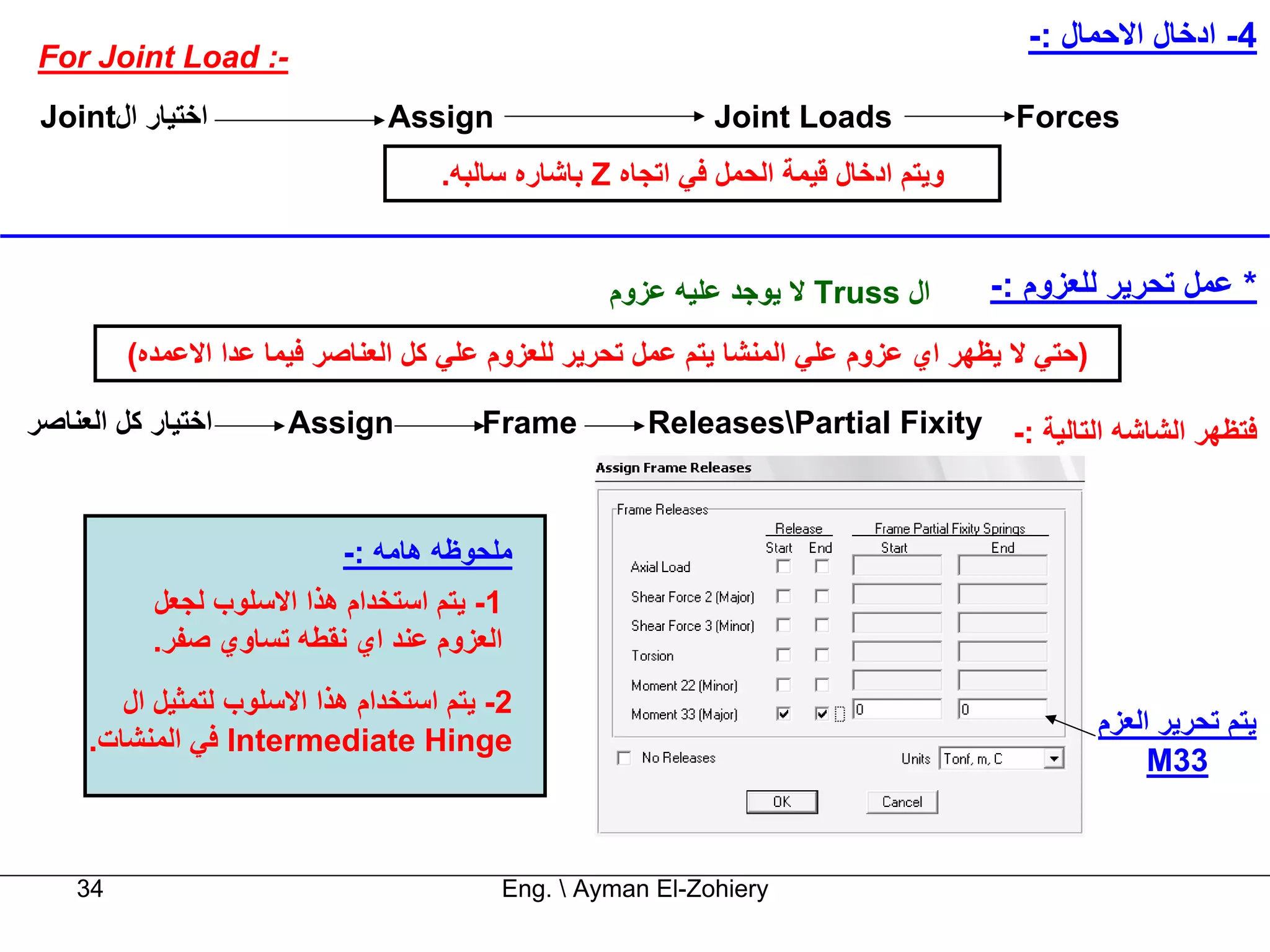 ‫4- ادﺧﺎل اﻻﺣﻤﺎل :-‬
‫-: ‪For Joint Load‬‬
 ‫اﺧﺘﻴﺎر ال‪Joint‬‬                ‫‪Assign‬‬                       ‫‪Joint Loads‬‬                ‫‪Forces‬‬
                                    ‫وﻳﺘﻢ ادﺧﺎل ﻗﻴﻤﺔ اﻟﺤﻤﻞ ﻓﻲ اﺗﺠﺎﻩ ‪ Z‬ﺑﺎﺷﺎرﻩ ﺳﺎﻟﺒﻪ.‬


                                                   ‫ال ‪ Truss‬ﻻ ﻳﻮﺟﺪ ﻋﻠﻴﻪ ﻋﺰوم‬         ‫* ﻋﻤﻞ ﺗﺤﺮﻳﺮ ﻟﻠﻌﺰوم :-‬
         ‫)ﺣﺘﻲ ﻻ ﻳﻈﻬﺮ اي ﻋﺰوم ﻋﻠﻲ اﻟﻤﻨﺸﺎ ﻳﺘﻢ ﻋﻤﻞ ﺗﺤﺮﻳﺮ ﻟﻠﻌﺰوم ﻋﻠﻲ آﻞ اﻟﻌﻨﺎﺻﺮ ﻓﻴﻤﺎ ﻋﺪا اﻻﻋﻤﺪﻩ(‬

‫اﺧﺘﻴﺎر آﻞ اﻟﻌﻨﺎﺻﺮ‬     ‫‪Assign‬‬            ‫‪Frame‬‬         ‫ﻓﺘﻈﻬﺮ اﻟﺸﺎﺷﻪ اﻟﺘﺎﻟﻴﺔ :- ‪ReleasesPartial Fixity‬‬



                           ‫ﻣﻠﺤﻮﻇﻪ هﺎﻣﻪ :-‬
           ‫1- ﻳﺘﻢ اﺳﺘﺨﺪام هﺬا اﻻﺳﻠﻮب ﻟﺠﻌﻞ‬
           ‫اﻟﻌﺰوم ﻋﻨﺪ اي ﻧﻘﻄﻪ ﺗﺴﺎوي ﺻﻔﺮ.‬
        ‫2- ﻳﺘﻢ اﺳﺘﺨﺪام هﺬا اﻻﺳﻠﻮب ﻟﺘﻤﺜﻴﻞ ال‬
                                                                                               ‫ﻳﺘﻢ ﺗﺤﺮﻳﺮ اﻟﻌﺰم‬
     ‫‪ Intermediate Hinge‬ﻓﻲ اﻟﻤﻨﺸﺎت.‬
                                                                                                    ‫33‪M‬‬


    ‫43‬                                    ‫‪Eng.  Ayman El-Zohiery‬‬
 