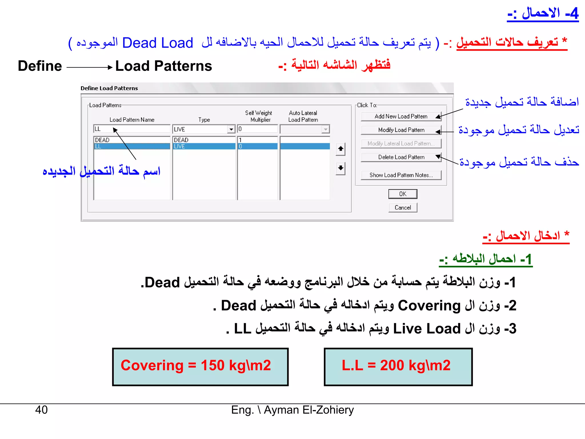 ‫4- اﻻﺣﻤﺎل :-‬
         ‫* ﺗﻌﺮﻳﻒ ﺣﺎﻻت اﻟﺘﺤﻤﻴﻞ :- ) ﻳﺘﻢ ﺗﻌﺮﻳﻒ ﺣﺎﻟﺔ ﺗﺤﻤﻴﻞ ﻟﻼﺣﻤﺎل اﻟﺤﻴﻪ ﺑﺎﻻﺿﺎﻓﻪ ﻟﻞ ‪ Dead Load‬اﻟﻤﻮﺟﻮدﻩ (‬
‫‪Define‬‬           ‫‪Load Patterns‬‬                 ‫ﻓﺘﻈﻬﺮ اﻟﺸﺎﺷﻪ اﻟﺘﺎﻟﻴﺔ :-‬

                                                                                 ‫اﺿﺎﻓﺔ ﺣﺎﻟﺔ ﺗﺤﻤﻴﻞ ﺟﺪﻳﺪة‬
                                                                                ‫ﺗﻌﺪﻳﻞ ﺣﺎﻟﺔ ﺗﺤﻤﻴﻞ ﻣﻮﺟﻮدة‬

                                                                                ‫ﺣﺬف ﺣﺎﻟﺔ ﺗﺤﻤﻴﻞ ﻣﻮﺟﻮدة‬
   ‫اﺳﻢ ﺣﺎﻟﺔ اﻟﺘﺤﻤﻴﻞ اﻟﺠﺪﻳﺪﻩ‬



                                                                                    ‫* ادﺧﺎل اﻻﺣﻤﺎل :-‬
                                                                            ‫1- اﺣﻤﺎل اﻟﺒﻼﻃﻪ :-‬
                      ‫1- وزن اﻟﺒﻼﻃﺔ ﻳﺘﻢ ﺣﺴﺎﺑﺔ ﻣﻦ ﺧﻼل اﻟﺒﺮﻧﺎﻣﺞ ووﺿﻌﻪ ﻓﻲ ﺣﺎﻟﺔ اﻟﺘﺤﻤﻴﻞ ‪.Dead‬‬
                                   ‫2- وزن ال ‪ Covering‬وﻳﺘﻢ ادﺧﺎﻟﻪ ﻓﻲ ﺣﺎﻟﺔ اﻟﺘﺤﻤﻴﻞ ‪. Dead‬‬
                                     ‫3- وزن ال ‪ Live Load‬وﻳﺘﻢ ادﺧﺎﻟﻪ ﻓﻲ ﺣﺎﻟﺔ اﻟﺘﺤﻤﻴﻞ ‪. LL‬‬

                  ‫2‪Covering = 150 kgm‬‬                      ‫2‪L.L = 200 kgm‬‬

  ‫04‬                                  ‫‪Eng.  Ayman El-Zohiery‬‬
 