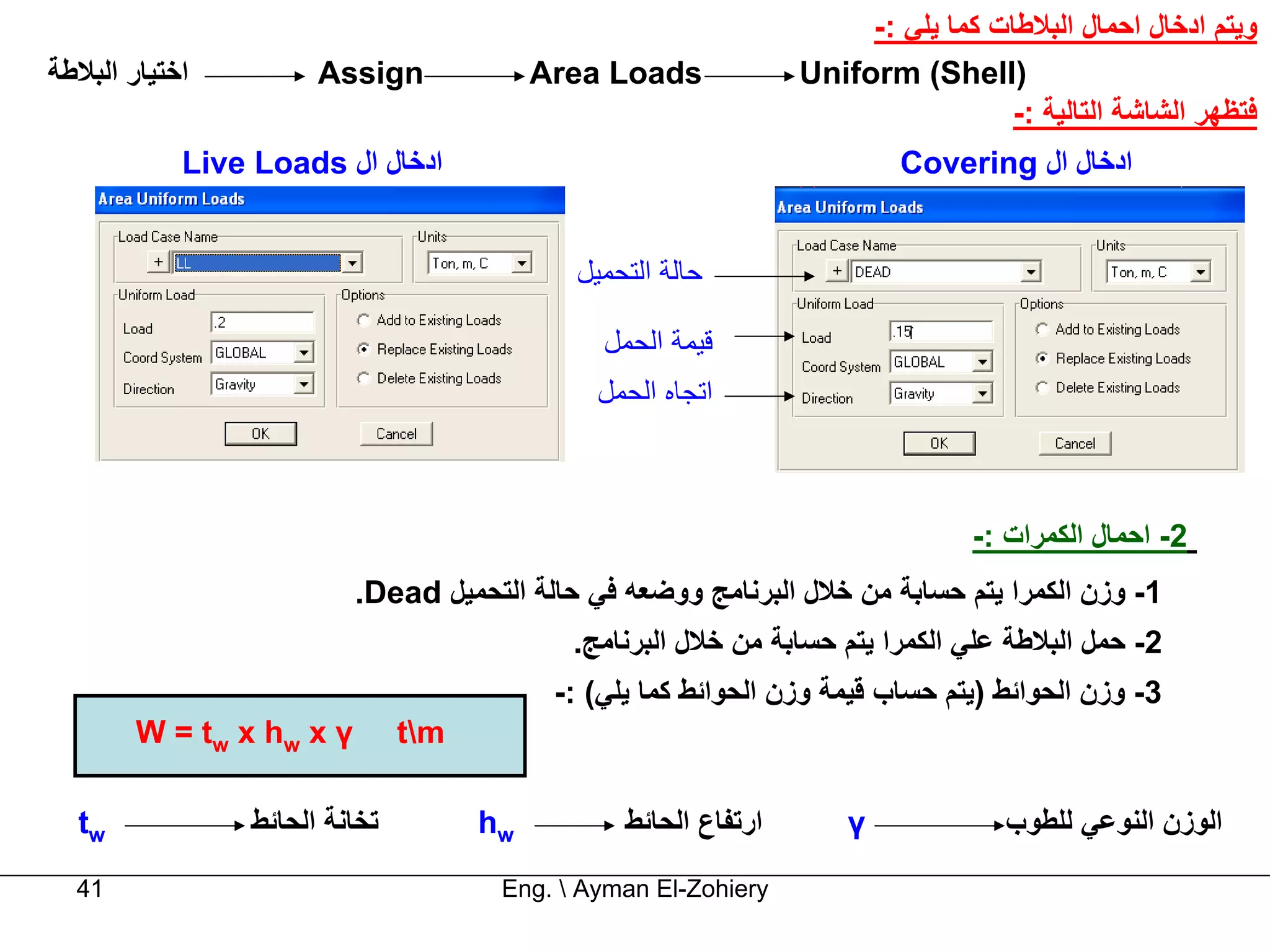 ‫وﻳﺘﻢ ادﺧﺎل اﺣﻤﺎل اﻟﺒﻼﻃﺎت آﻤﺎ ﻳﻠﻲ :-‬
‫اﺧﺘﻴﺎر اﻟﺒﻼﻃﺔ‬          ‫‪Assign‬‬              ‫‪Area Loads‬‬             ‫)‪Uniform (Shell‬‬
                                                                                    ‫ﻓﺘﻈﻬﺮ اﻟﺸﺎﺷﺔ اﻟﺘﺎﻟﻴﺔ :-‬
            ‫ادﺧﺎل ال ‪Live Loads‬‬                                            ‫ادﺧﺎل ال ‪Covering‬‬


                                             ‫ﺣﺎﻟﺔ اﻟﺘﺤﻤﻴﻞ‬

                                                ‫ﻗﻴﻤﺔ اﻟﺤﻤﻞ‬
                                               ‫اﺗﺠﺎﻩ اﻟﺤﻤﻞ‬



                                                                                 ‫2- اﺣﻤﺎل اﻟﻜﻤﺮات :-‬
                          ‫1- وزن اﻟﻜﻤﺮا ﻳﺘﻢ ﺣﺴﺎﺑﺔ ﻣﻦ ﺧﻼل اﻟﺒﺮﻧﺎﻣﺞ ووﺿﻌﻪ ﻓﻲ ﺣﺎﻟﺔ اﻟﺘﺤﻤﻴﻞ ‪.Dead‬‬
                                             ‫2- ﺣﻤﻞ اﻟﺒﻼﻃﺔ ﻋﻠﻲ اﻟﻜﻤﺮا ﻳﺘﻢ ﺣﺴﺎﺑﺔ ﻣﻦ ﺧﻼل اﻟﺒﺮﻧﺎﻣﺞ.‬
                                            ‫3- وزن اﻟﺤﻮاﺋﻂ )ﻳﺘﻢ ﺣﺴﺎب ﻗﻴﻤﺔ وزن اﻟﺤﻮاﺋﻂ آﻤﺎ ﻳﻠﻲ( :-‬
        ‫‪W = tw x hw x γ‬‬         ‫‪tm‬‬

  ‫‪tw‬‬             ‫ﺗﺨﺎﻧﺔ اﻟﺤﺎﺋﻂ‬         ‫‪hw‬‬          ‫ارﺗﻔﺎع اﻟﺤﺎﺋﻂ‬       ‫‪γ‬‬             ‫اﻟﻮزن اﻟﻨﻮﻋﻲ ﻟﻠﻄﻮب‬

  ‫14‬                                   ‫‪Eng.  Ayman El-Zohiery‬‬
 