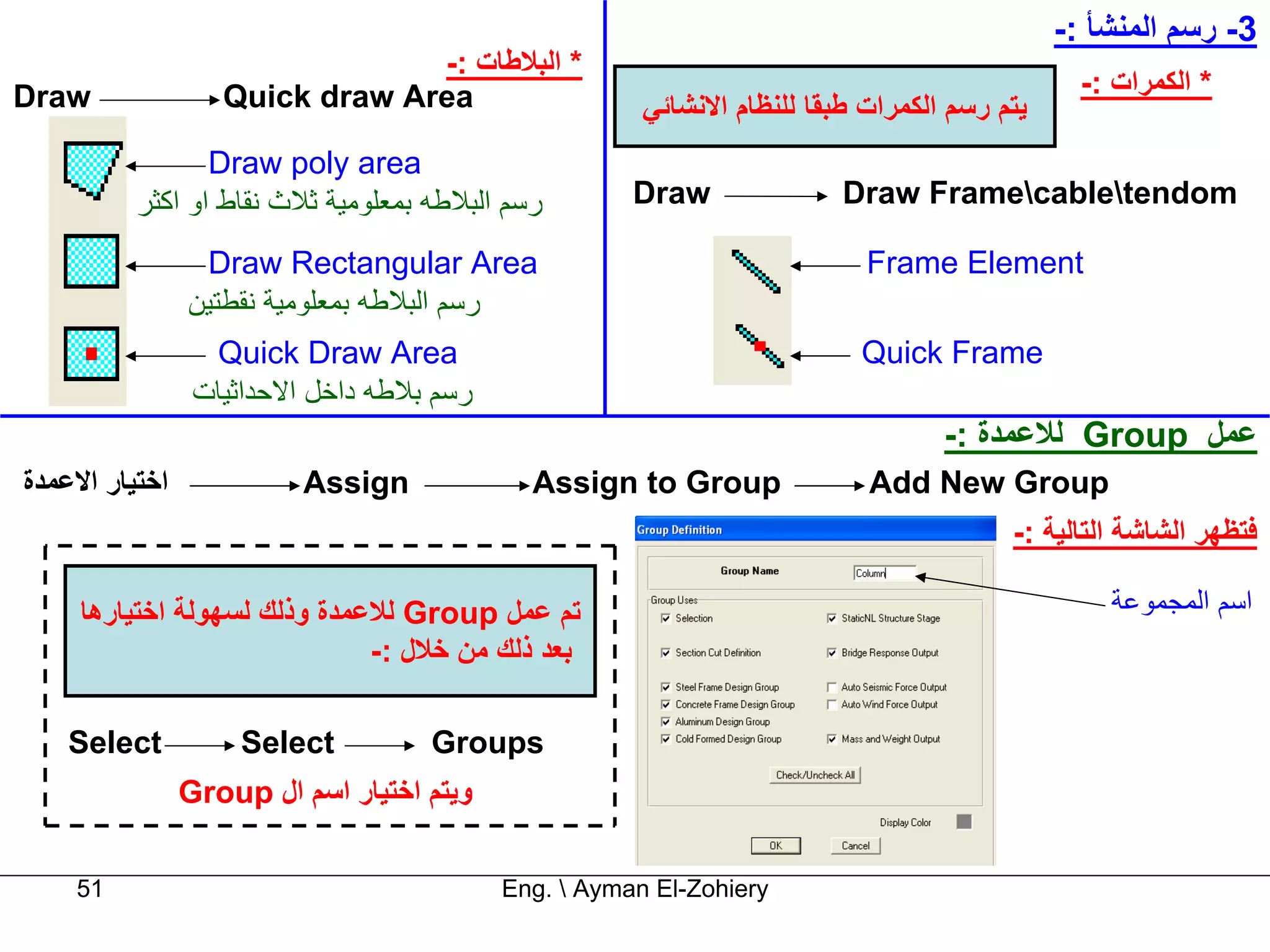 ‫3- رﺳﻢ اﻟﻤﻨﺸﺄ :-‬
                                ‫* اﻟﺒﻼﻃﺎت :-‬
‫‪Draw‬‬               ‫‪Quick draw Area‬‬                                                             ‫* اﻟﻜﻤﺮات :-‬
                                                       ‫ﻳﺘﻢ رﺳﻢ اﻟﻜﻤﺮات ﻃﺒﻘﺎ ﻟﻠﻨﻈﺎم اﻻﻧﺸﺎﺋﻲ‬
                 ‫‪Draw poly area‬‬
          ‫رﺳﻢ اﻟﺒﻼﻃﻪ ﺑﻤﻌﻠﻮﻣﻴﺔ ﺛﻼث ﻧﻘﺎط او اآﺜﺮ‬        ‫‪Draw‬‬               ‫‪Draw Framecabletendom‬‬

                 ‫‪Draw Rectangular Area‬‬                                     ‫‪Frame Element‬‬
                ‫رﺳﻢ اﻟﺒﻼﻃﻪ ﺑﻤﻌﻠﻮﻣﻴﺔ ﻧﻘﻄﺘﻴﻦ‬
                  ‫‪Quick Draw Area‬‬                                         ‫‪Quick Frame‬‬
                 ‫رﺳﻢ ﺑﻼﻃﻪ داﺧﻞ اﻻﺣﺪاﺛﻴﺎت‬
                                                                                  ‫ﻋﻤﻞ ‪ Group‬ﻟﻼﻋﻤﺪة :-‬
‫اﺧﺘﻴﺎر اﻻﻋﻤﺪة‬             ‫‪Assign‬‬             ‫‪Assign to Group‬‬               ‫‪Add New Group‬‬
                                                                                        ‫ﻓﺘﻈﻬﺮ اﻟﺸﺎﺷﺔ اﻟﺘﺎﻟﻴﺔ :-‬

     ‫ﺗﻢ ﻋﻤﻞ ‪ Group‬ﻟﻼﻋﻤﺪة وذﻟﻚ ﻟﺴﻬﻮﻟﺔ اﺧﺘﻴﺎرهﺎ‬                                                    ‫اﺳﻢ اﻟﻤﺠﻤﻮﻋﺔ‬
                              ‫ﺑﻌﺪ ذﻟﻚ ﻣﻦ ﺧﻼل :-‬

    ‫‪Select‬‬           ‫‪Select‬‬         ‫‪Groups‬‬
                ‫وﻳﺘﻢ اﺧﺘﻴﺎر اﺳﻢ ال ‪Group‬‬

    ‫15‬                                     ‫‪Eng.  Ayman El-Zohiery‬‬
 