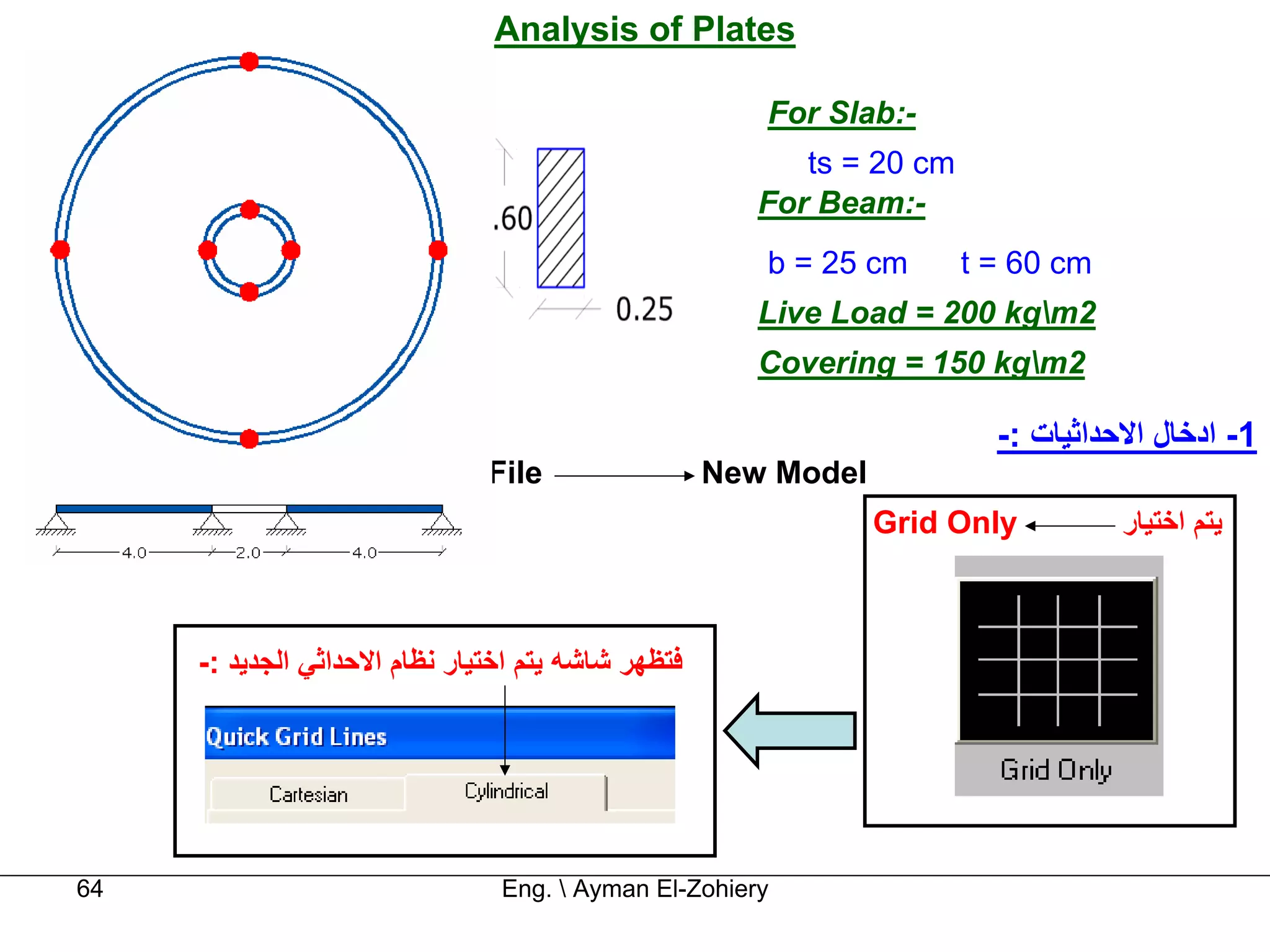 Analysis of Plates

                                                       For Slab:-
                                                          ts = 20 cm
                                                       For Beam:-
                                                       b = 25 cm       t = 60 cm
                                                       Live Load = 200 kgm2
                                                       Covering = 150 kgm2

                                                                         -: ‫1- ادﺧﺎل اﻻﺣﺪاﺛﻴﺎت‬
                               File                 New Model
                                                                Grid Only          ‫ﻳﺘﻢ اﺧﺘﻴﺎر‬



     -: ‫ﻓﺘﻈﻬﺮ ﺷﺎﺷﻪ ﻳﺘﻢ اﺧﺘﻴﺎر ﻧﻈﺎم اﻻﺣﺪاﺛﻲ اﻟﺠﺪﻳﺪ‬




64                              Eng.  Ayman El-Zohiery
 